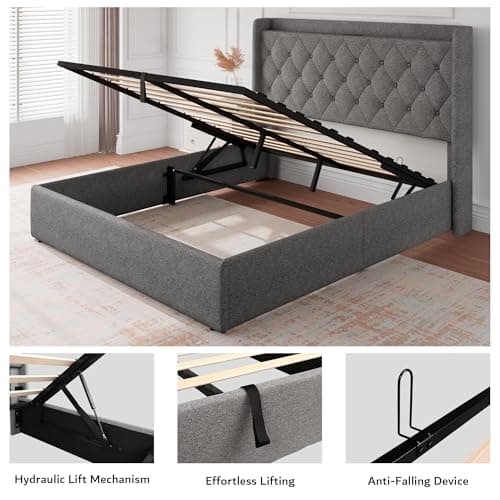 iPormis Queen Storage Bed with Charging Station, Light Grey