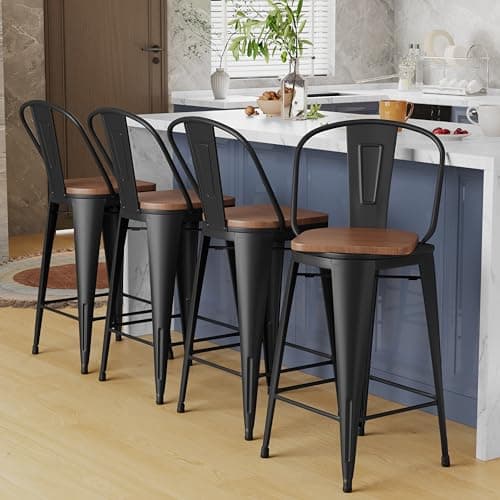 Alunaune 26" Swivel Metal Bar Stool Set, Matte Black, Industrial Style