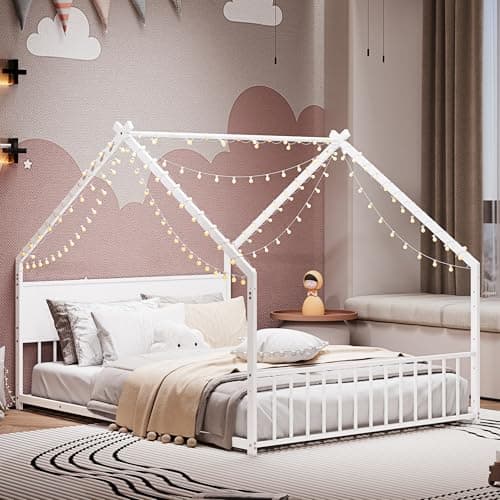 KEIKI Full Size Floor Bed with Colorful Lights (White)