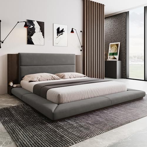Beige Velvet Upholstered Queen Bed with Desk & Stool, No Box Spring Required