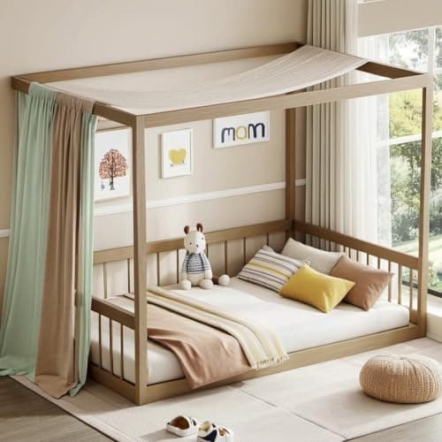 Montessori Safety-Fenced Floor Bed for Girls & Boys, No Box Spring Needed,Natural