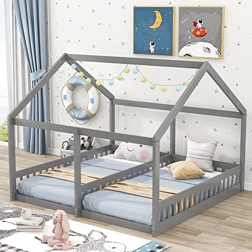 P PURLOVE Double Twin Bed for 2 Kids with Fence, Gray