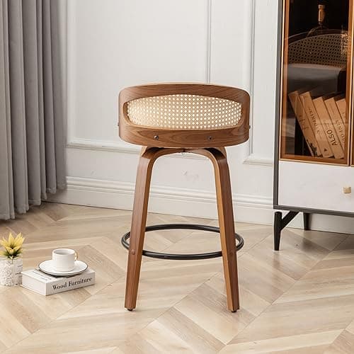 Mid-Century Modern Beige Rattan Swivel Bar Stool Set, 26" Walnut Finish