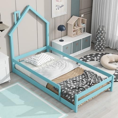 Montessori Twin Floor Bed with House-Shaped Headboard and Fence Guardrails for Toddlers in Blue