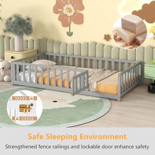 Montessori Twin Floor Bed with Door, Fence & Safety Guardrail - Grey
