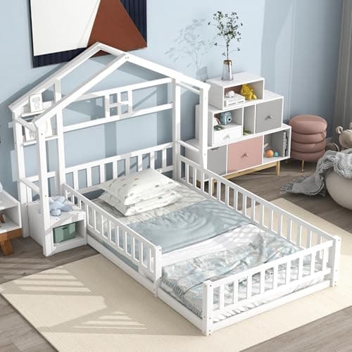 Twin Size Floor Bed with House-Shaped Headboard & Stand, Kids Montessori White