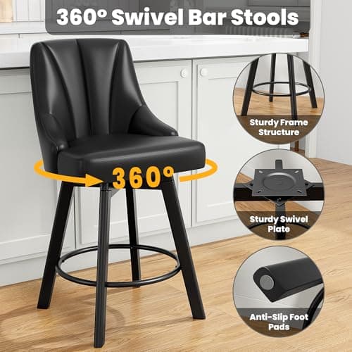 Black Leather Back Bar Stools, 24" Counter Height, Set of 2