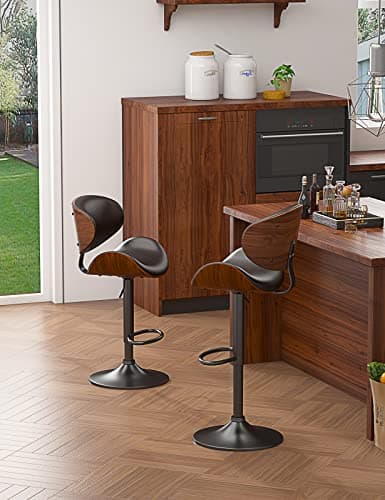 Bentwood Bar Stool Set, Adjustable Height with Footrest, PU Leather, Black Kitchen Bar Chairs
