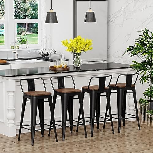 Yongchuang Matte Black Bar Stool Set of 4, 26 Inch Kitchen Counter Height