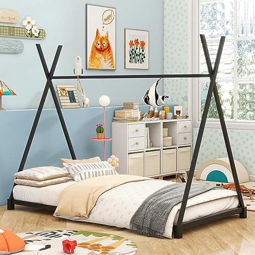 Bellemave Twin Size Metal Floor Bed for Kids, Black