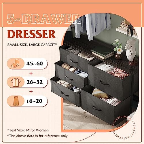 5-Drawer Fabric Dresser for Bedroom and Living Room in Charcoal Black