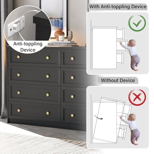 Black 8 Drawer Double Dresser - 55.1" Wide with Large Storage