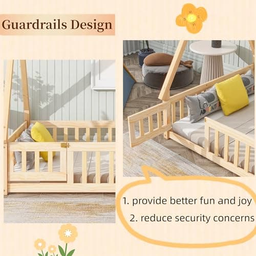 Montessori Full Size Wood Teepee Floor Bed with Slats and Guardrails