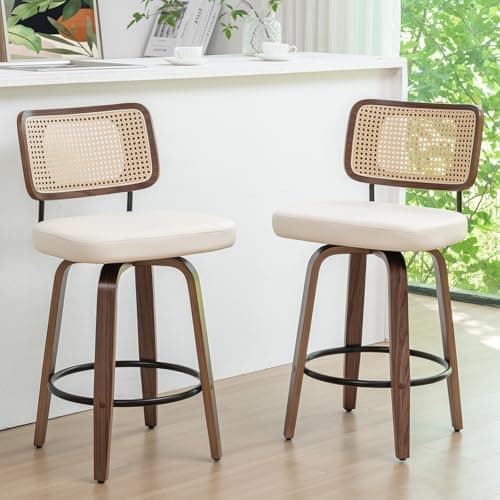 Mid Century Walnut Swivel Bar Stools with Cane Back (walnut beige)