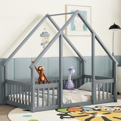 Bellemave Full Size Montessori Floor Bed for Kids, White with Fence