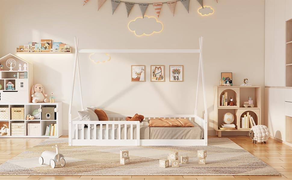 Montessori Twin Size Floor Bed with Fence, White
