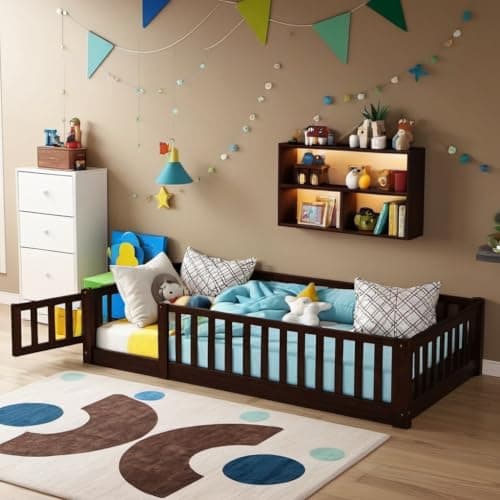 Twin Size Wood Montessori Bed with Convertible Door & Safety Guardrails for Kids, Espresso