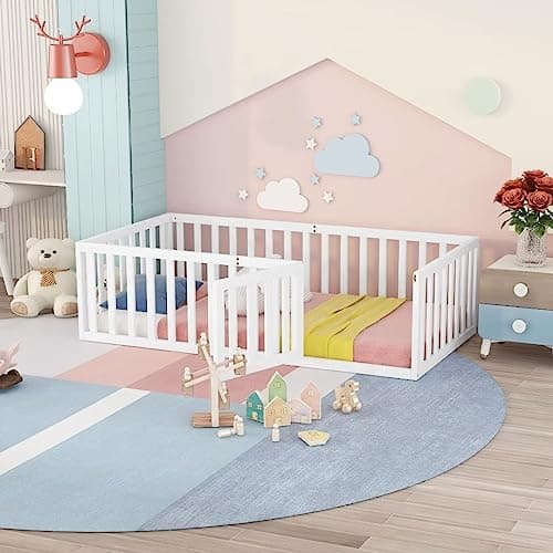 Twin Size Floor Bed with Fence and Door, Montessori Bed Frame for Boys and Girls