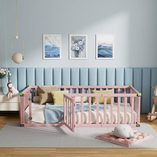 ROOMTEC Montessori Twin Beds with Safety Fence & Convertible Door, Grey