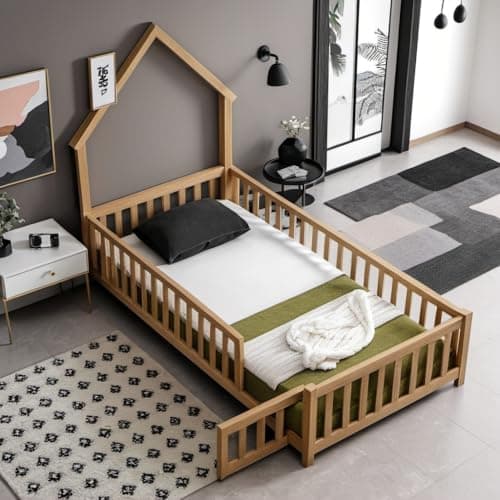 Twin Size Montessori Floor Bed with Door & Roof, Easy Assembly & Guardrails, Natural Finish