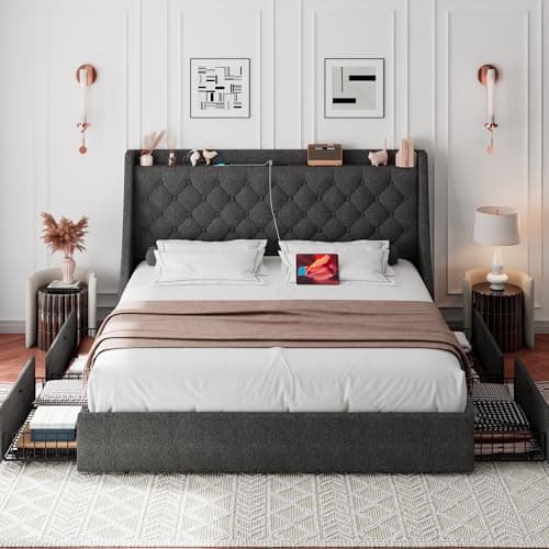 iPormis Dark Gray Queen Bed Frame with Storage Drawers & USB Ports