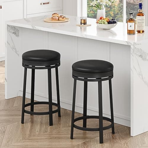 IDEALHOUSE Black Backless Swivel Bar Stools Set of 2, 24" Counter HeightPU Leather & Metal