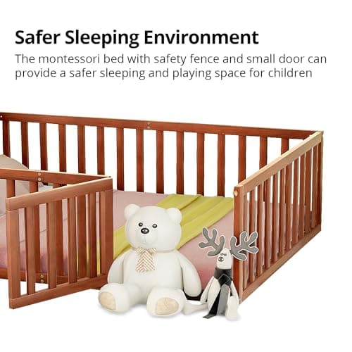 Wood Montessori Floor Bed for Kids, Twin Size with Fence & Door, Walnut