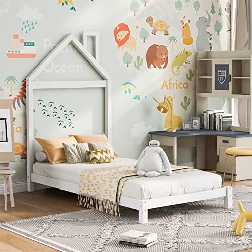 i-POOK Twin Size House Bed with White Roof and Chimney, No Box Spring Needed