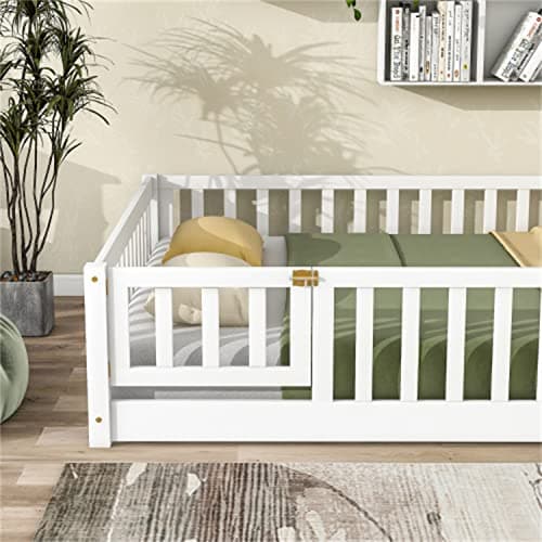 Full Size Montessori Floor Bed for Children, Solid Wood Frame with Safety Guardrails, White