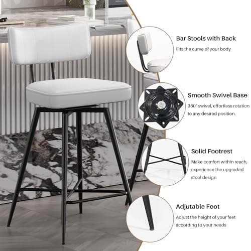 26 Inch White Leather Swivel Bar Stools with Back, Kitchen Counter Set of 2