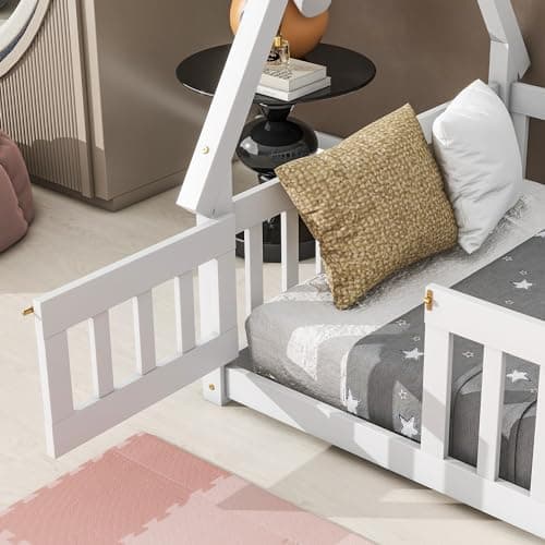 Montessori White Tent-Shaped Floor Bed for Kids with Slats and Guardrails