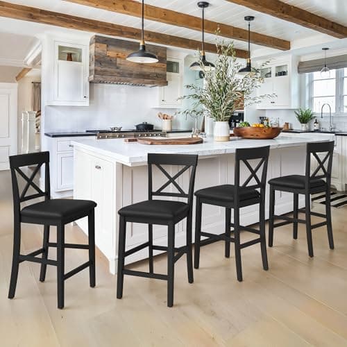 26" Rubber Wood Bar Stools, Set of 4, Black Classical X-Back