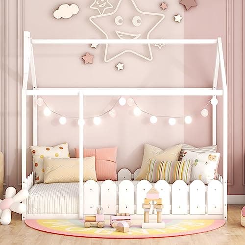 Harper & Bright Twin Montessori Floor Bed with Fence Rails (White)