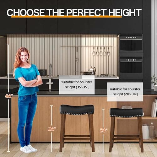 Set of 2 Black Backless Bar Stools for Kitchen Island in Counter Height, Faux Leather Upholstered Seat