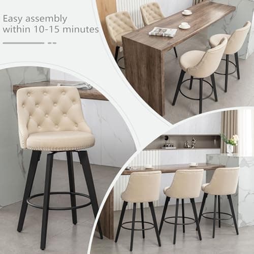 Beige Velvet Button Back Bar Stool Set, 4 Pack for Kitchen Island