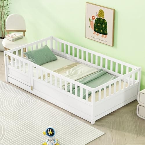 Wood Montessori Twin Floor Bed with Rails for Kids, Boys, Girls