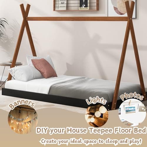 Montessori Style Black & Brown Wood Teepee Bed for Kids