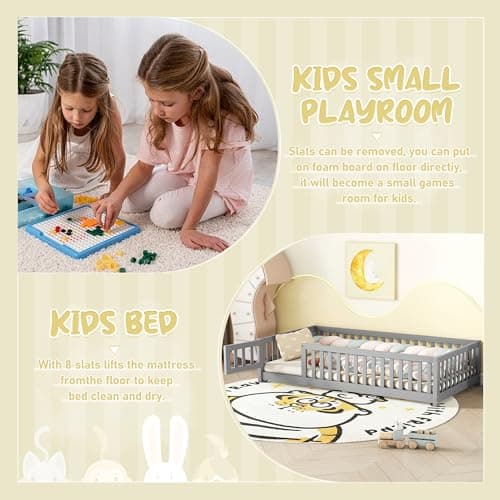 Montessori Twin Bed with Safety Guards and Convertible Door (Grey)
