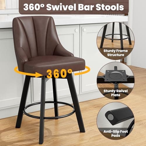 24" Brown Leather Bar Stools with Back, Solid Wood Legs for Kitchen Island