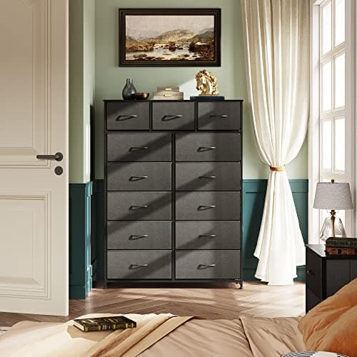 Charcoal Black Tall Dresser with 13 Drawers & Fabric Bins