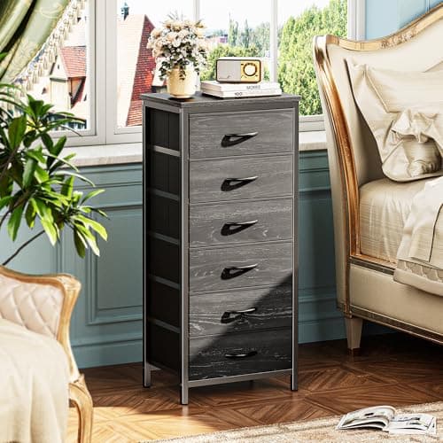 Charcoal Black Wood Grain Print Tall Dresser with 6 Drawers & Metal Frame