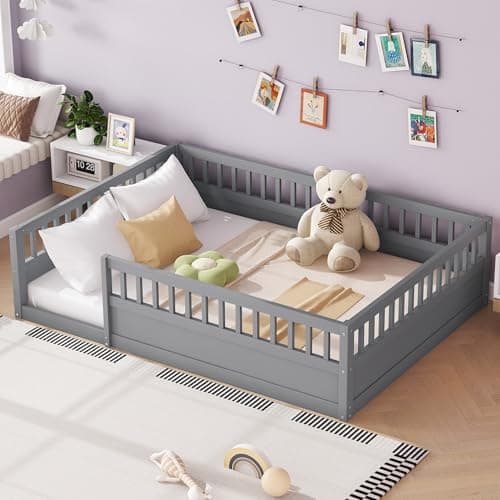 Montessori Twin Floor Bed with Fence & Open Door, High Guardrails &Wood Baffle Design,Natural