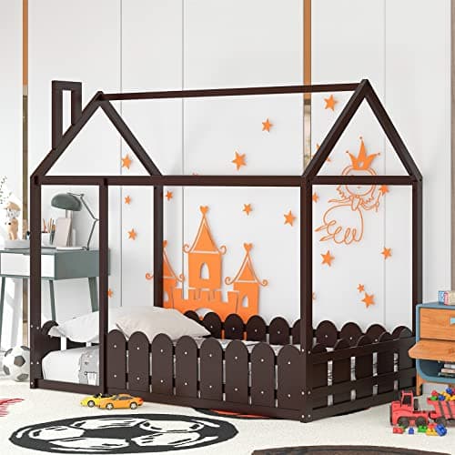 White Montessori Style Twin House Bed Frame with Fence, No Slats