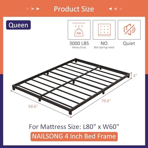 Queen Size Low Profile 4-Inch Metal Bed Frame - No Box Spring Needed, Easy Assembly, Heavy Duty, Black