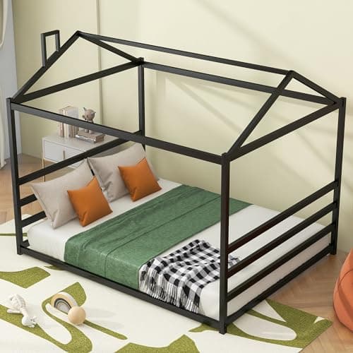 Queen Size Metal House Bed for Kids, Black