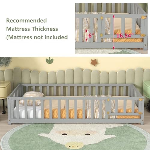 Montessori Twin Floor Bed with Door, Fence & Safety Guardrail - Grey