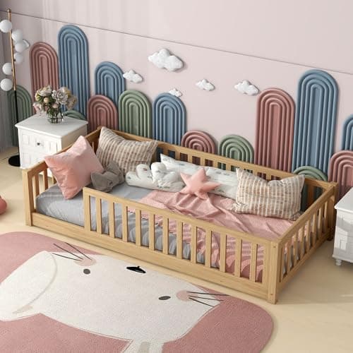 Sturdy Montessori Twin Floor Bed with Guardrail for Kids, No Box Spring Needed,Natural