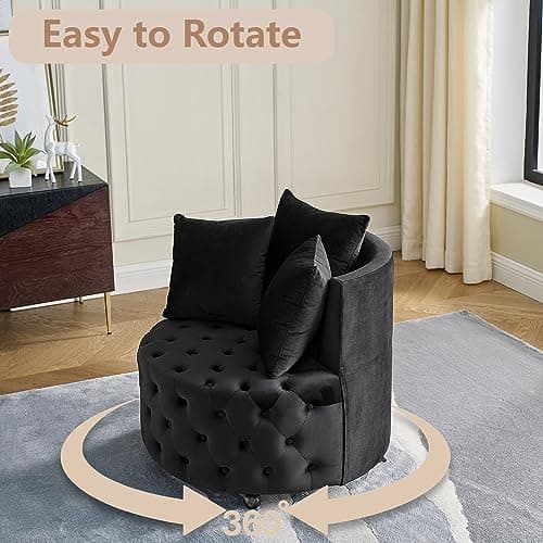 Modern Velvet Swivel Barrel Chair with 3 Pillows, 4 Wheels and 360 Degree Swivel