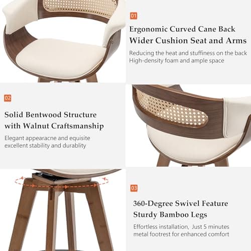 Mid Century Modern Walnut Beige Rattan Swivel Bar Stools with Cane Back