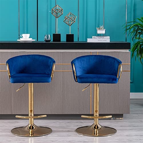 Adjustable Velvet Swivel Bar Stools Set of 2, Navy Color, for Dining Room Home Bar Kitchen Island